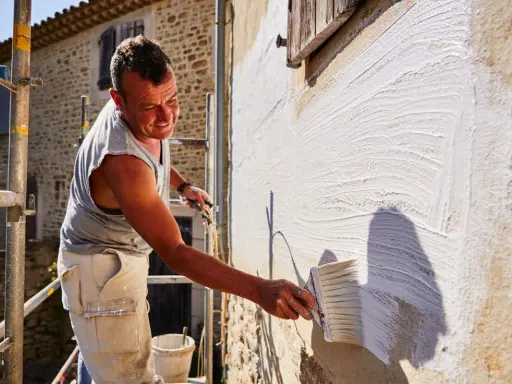 Un homme applique un badigeon blanc sur un mur en pierre avec un large pinceau. Le soleil éclaire la scène, créant des ombres.