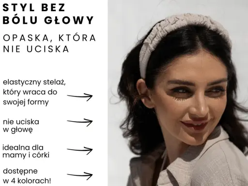 Kobieta z ciemnymi włosami nosi jasną, plecioną opaskę. To srebrna opaska do włosów, która nie uciska głowy, idealna dla mamy i córki.