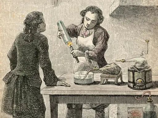 Två svenska kemister utför ett experiment med en glödande stav och en glasbehållare.