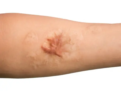 Gros plan sur un bras humain montrant une cicatrice hypertrophique, surélevée et rosée, témoignant d'une guérison cutanée complexe.