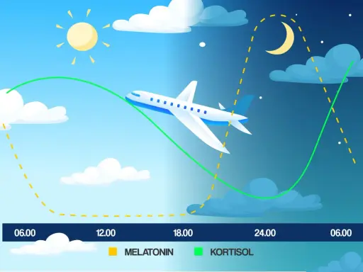 Flygplan korsar tidszoner, vilket illustrerar jetlag från USA till Sverige med grafer för melatonin och kortisol.