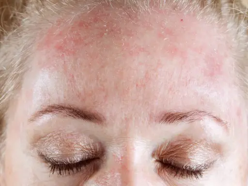 Fronte arrossata e desquamata, un segno di dermatite seborroica. Speriamo in un miracolo dermatite seborroica per ritrovare una pelle sana.