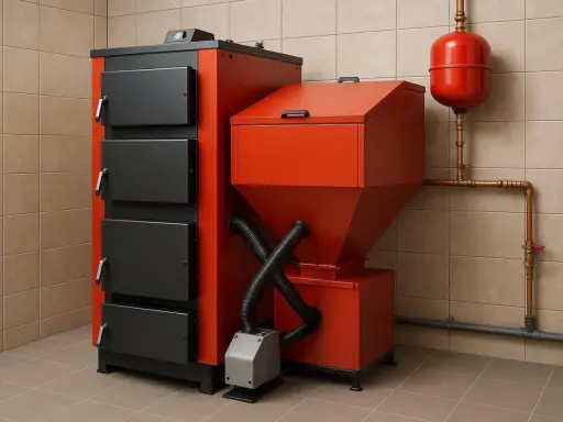 Nowoczesny piec na ekogroszek w kolorze czerwono-czarnym. Widoczne zasobnik paliwa, sterownik i elementy instalacji. Idealny do ustawienia pieca na ekogroszek tryb letni.