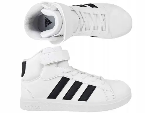 Białe buty sportowe Adidas z czarnymi paskami i rzepem. Idealne dla każdego, kto ceni wygodę i styl, jak wszystkie modele butów adidas.