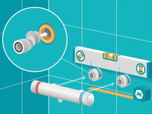 Schéma d'installation mitigeur thermostatique : raccordement, niveau à bulle et mètre pour un montage précis.