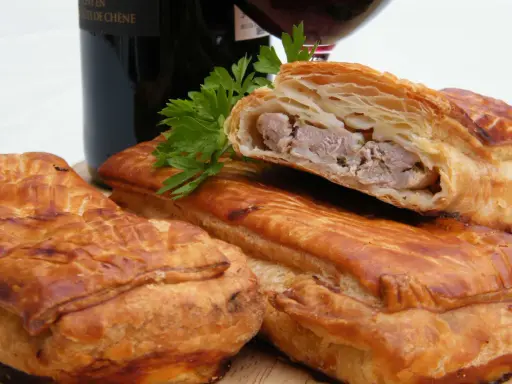Pâté en croûte, une spécialité lorraine savoureuse, garni de viande et d'herbes, prêt à être dégusté avec un verre de vin.