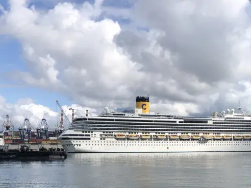 Grandi navi da crociera attraccate al terminal crociere La Spezia, con gru portuali sullo sfondo e un cielo nuvoloso.