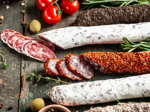 Assortiment de charcuteries, dont une spécialité des Pyrénées enrobée d'épices, sur fond de bois rustique avec tomates et herbes.