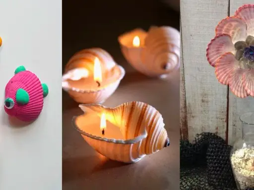 Idées créatives pour savoir que faire avec des coquillages ramassés sur la plage : poissons décoratifs, bougies, et une fleur en coquillages.