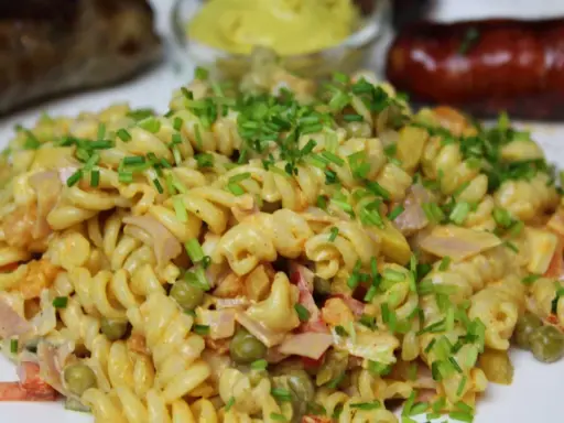 Ein cremiger nudelsalat mit mayo, garniert mit Schnittlauch. Daneben liegen zwei gebratene Würstchen und ein Schälchen Senf.