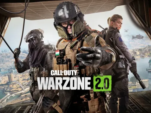 Trzech żołnierzy w pełnym rynsztunku, gotowych do akcji w **Warzone 2.0**. Widok z helikoptera na miasto i morze.