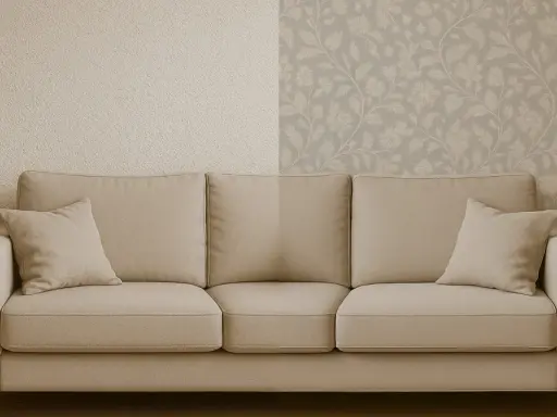 Sofá beige frente a pared dividida: un lado con textura rugosa, el otro con papel pintado floral. Se puede poner papel pintado sobre gotelé.
