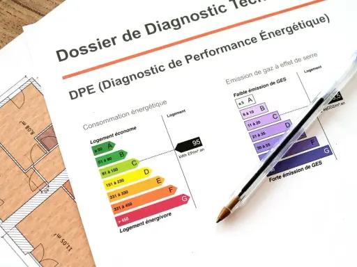 Dossier DPE : diagnostic de performance énergétique, avec échelles de consommation et d'émissions de gaz à effet de serre. Analyse de l'énergie primaire et finale.