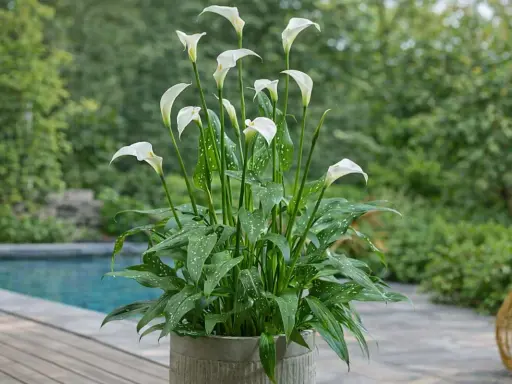 Un magnifique arum blanc, avec ses feuilles vertes tachetées, trône dans un pot en béton. Il semble prêt à décorer une maison, apportant une touche de fraîcheur.