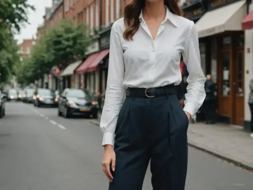 Elegancka stylizacja: biała koszula i granatowe szerokie spodnie. Idealne połączenie, które sprawdzi się w każdej sytuacji. Jaka marynarka do szerokich spodni? Ta stylizacja pokazuje, że czasem mniej znaczy więcej.