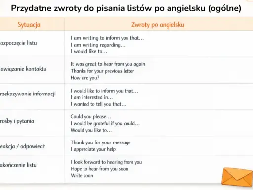 Tabela z przydatnymi zwrotami do pisania listów po angielsku, pomocna przy tworzeniu listu.
