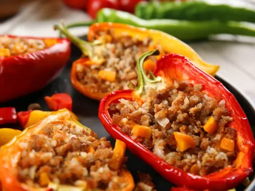 Peperoni ripieni senza carne, un piatto colorato e gustoso. Ripieno di riso e verdure, un'esplosione di sapori.
