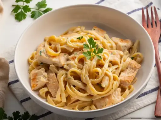 Pyszne makaron tagliatelle z kurczakiem w kremowym sosie, udekorowane natką pietruszki. Idealne danie na obiad.