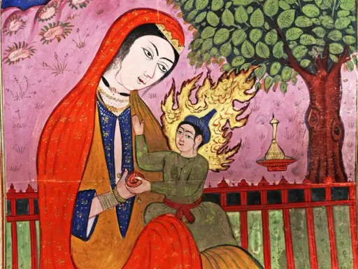 Eine Frau in Rot und Blau hält ein Kind, das von Flammen umgeben ist. Eine Szene aus der islamischen Geschichte, die Isa (Jesus) und seine Mutter Maria darstellt.