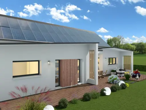 Une maison passive exemple avec panneaux solaires sur le toit, terrasse en bois et jardin verdoyant.