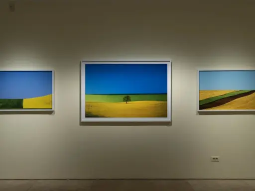 Tre quadri di un fotografo ritraggono campi coltivati con colori vivaci, un albero solitario e un cielo azzurro.