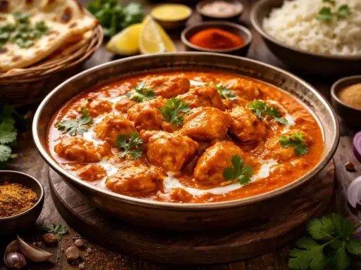 En skål med krämig butter chicken, garnerad med koriander. Bredvid syns naanbröd, ris och kryddor.