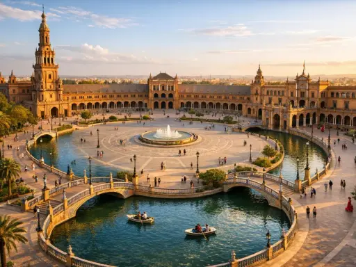 Zachód słońca nad Plaza de España w Sewilli. Ludzie pływają łódkami po kanale, a w tle widać wspaniałą architekturę. To piękne sevilla miasto.