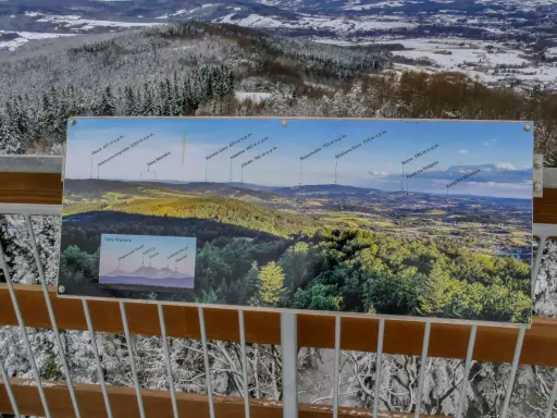 Widok z wieży widokowej na ośnieżony las i panoramę gór z tablicą informacyjną.