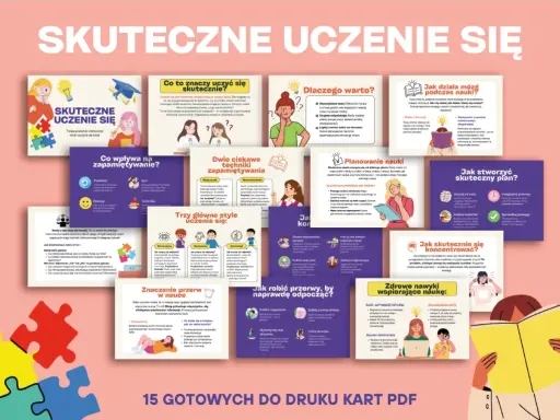 Ilustracja przedstawia kolaż grafik i tekstu na temat skutecznego uczenia się, z elementami puzzli.