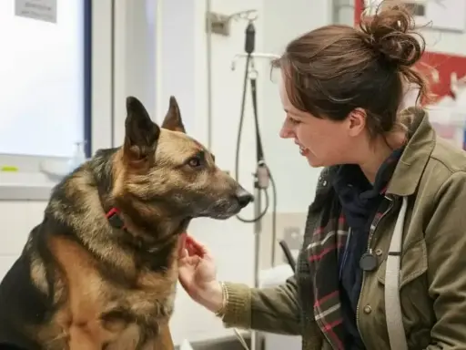 Kobieta głaszcze owczarka niemieckiego. Pies wygląda na spokojnego, a kobieta uśmiecha się do niego.