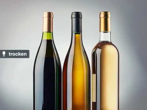 Drei Flaschen Wein: eine dunkle, eine goldene und eine hellgelbe. Alle sind trocken und bereit zum Genuss.