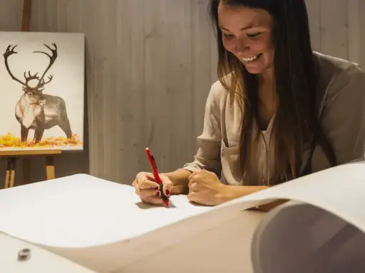 En kvinna ler medan hon ritar på ett stort papper. I bakgrunden syns en oljemålning av en ren. Hon deltar i en oljemålning kurs.