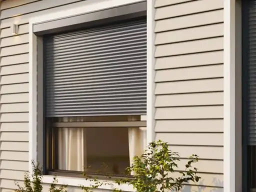 Volet roulant gris fermé sur une fenêtre de maison avec bardage beige.