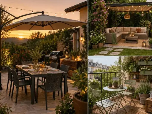 Splendidi giardini moderni con aree relax, tavoli da pranzo all'aperto e balconi fioriti, perfetti per godersi la vita all'aria aperta.