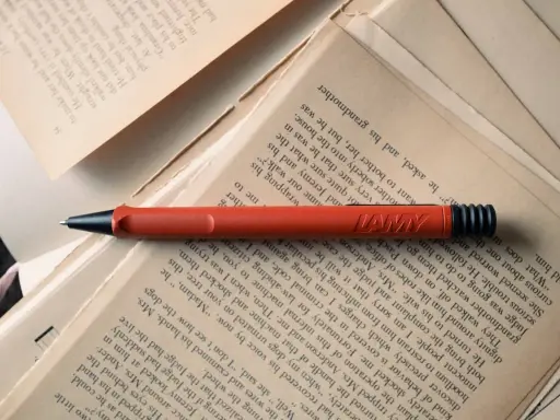 Un stylo rouge Lamy repose sur des pages jaunies. Force est de constater que la lecture et l'écriture font partie de notre histoire.