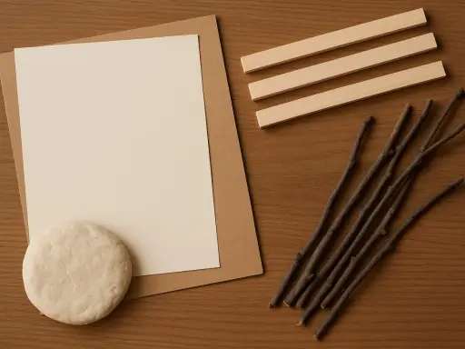 Materiały do zrobienia ramki z kartonu: papier, patyczki, glina.