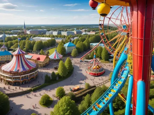 En livlig vy över Liseberg park med karuseller, pariserhjul och berg-och-dalbana. Soligt och grönt.