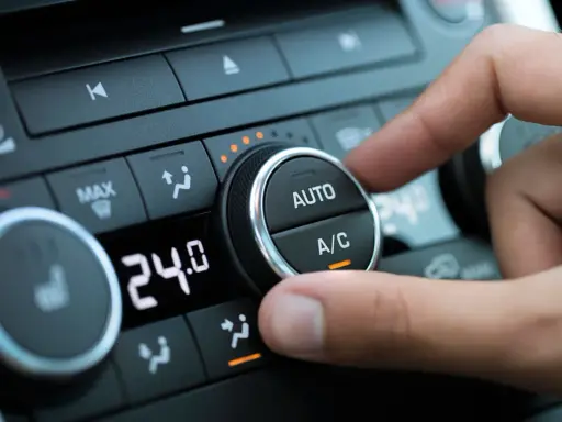 Dedo ajustando el dial del aire acondicionado del coche para comprobar el compresor. Se ve la pantalla digital con 24.0 grados.