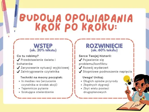 Jak napisać opowiadanie? Schemat budowy: wstęp (świat, bohaterowie, intryga) i rozwinięcie (konflikt, akcja, napięcie). Unikaj zbędnych opisów.