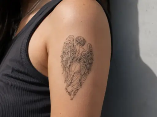 Tatouage d'ange aux ailes déployées, évoquant la protection et la spiritualité. L'auréole ange signification est ici représentée par la grâce de l'œuvre.