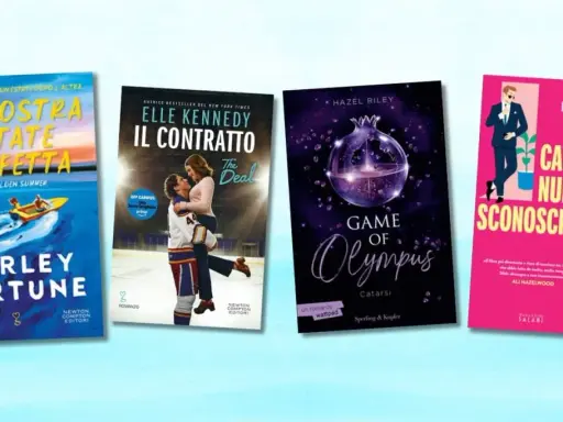 Quattro copertine di libri di narrativa: "La nostra estate perfetta", "Il contratto", "Game of Olympus" e "Caro numero sconosciuto".