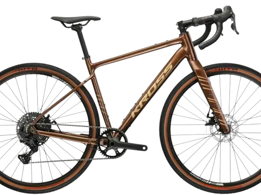 Brązowy rower gravelowy Kross Esker 2.0 Gen 2 z napędem i hamulcami tarczowymi.