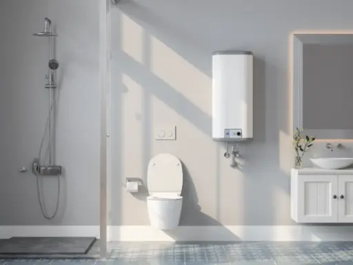 Modernes Gäste-WC mit Dusche, WC und Waschbecken. Ein weißer Durchlauferhitzer hängt an der Wand über dem WC.