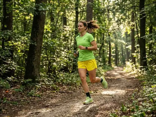 Frau joggt durch einen sonnendurchfluteten Wald. Sie trägt ein grünes Shirt und gelbe Shorts. Das zeigt, was bringt joggen: Natur, Bewegung und Wohlbefinden.