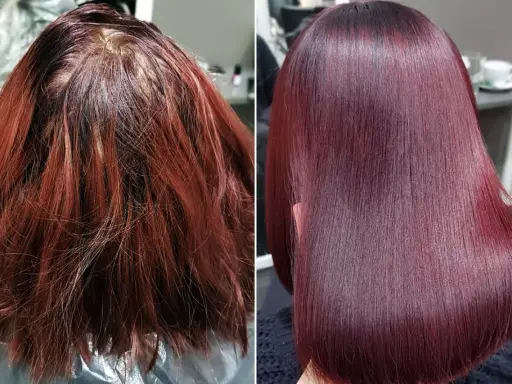 Vorher/Nachher-Vergleich: Trockenes, rotes Haar wird durch einen speziellen frisör shampoo in glänzendes, tiefrotes Haar verwandelt.