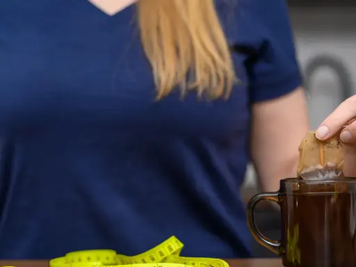 Kobieta zanurza torebkę herbaty w kubku, obok leży miarka. Czy nerki można wygrzewać?