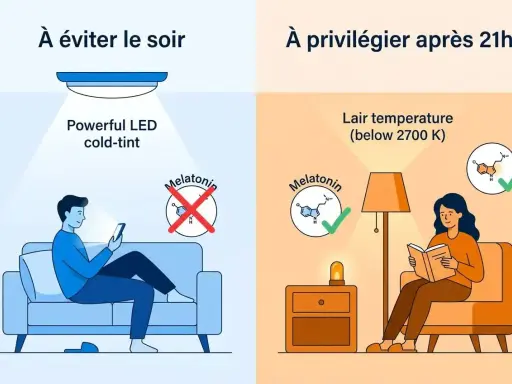 Évitez la lumière bleue froide le soir, car elle nuit à la mélatonine. Privilégiez une lumière chaude (sous 2700 K) après 21h pour ses bienfaits sur le sommeil.