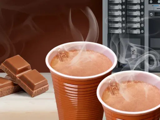 Ciepła czekolada z automatu, obok kostki czekolady. Zastanawiasz się, ile kcal ma czekolada z automatu?