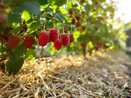 Des framboises mûres pendent sur des branches vertes, au-dessus d'un paillis de paille. Le paillis est idéal pour savoir que mettre au pied des framboisiers.