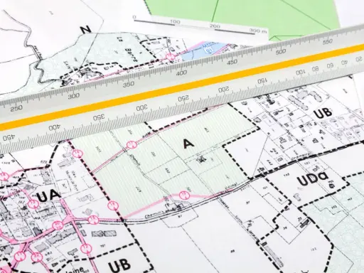 Plan zagospodarowania przestrzennego z naniesionymi strefami i podziałami. Linijka geodezyjna pomaga w precyzyjnych pomiarach.
